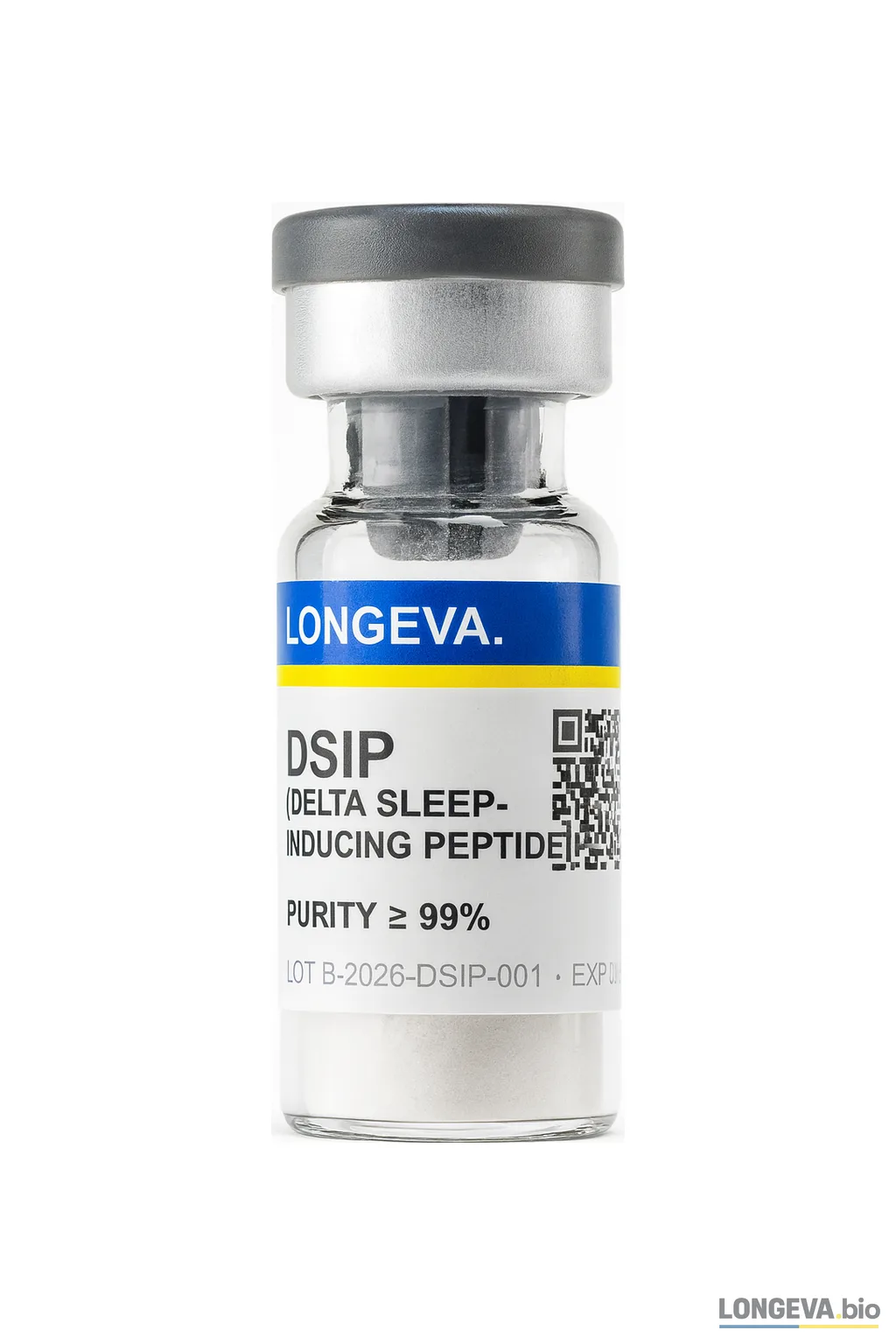 Флакон DSIP з етикеткою Longeva, чистота ≥99%, сіра гвинтова кришка